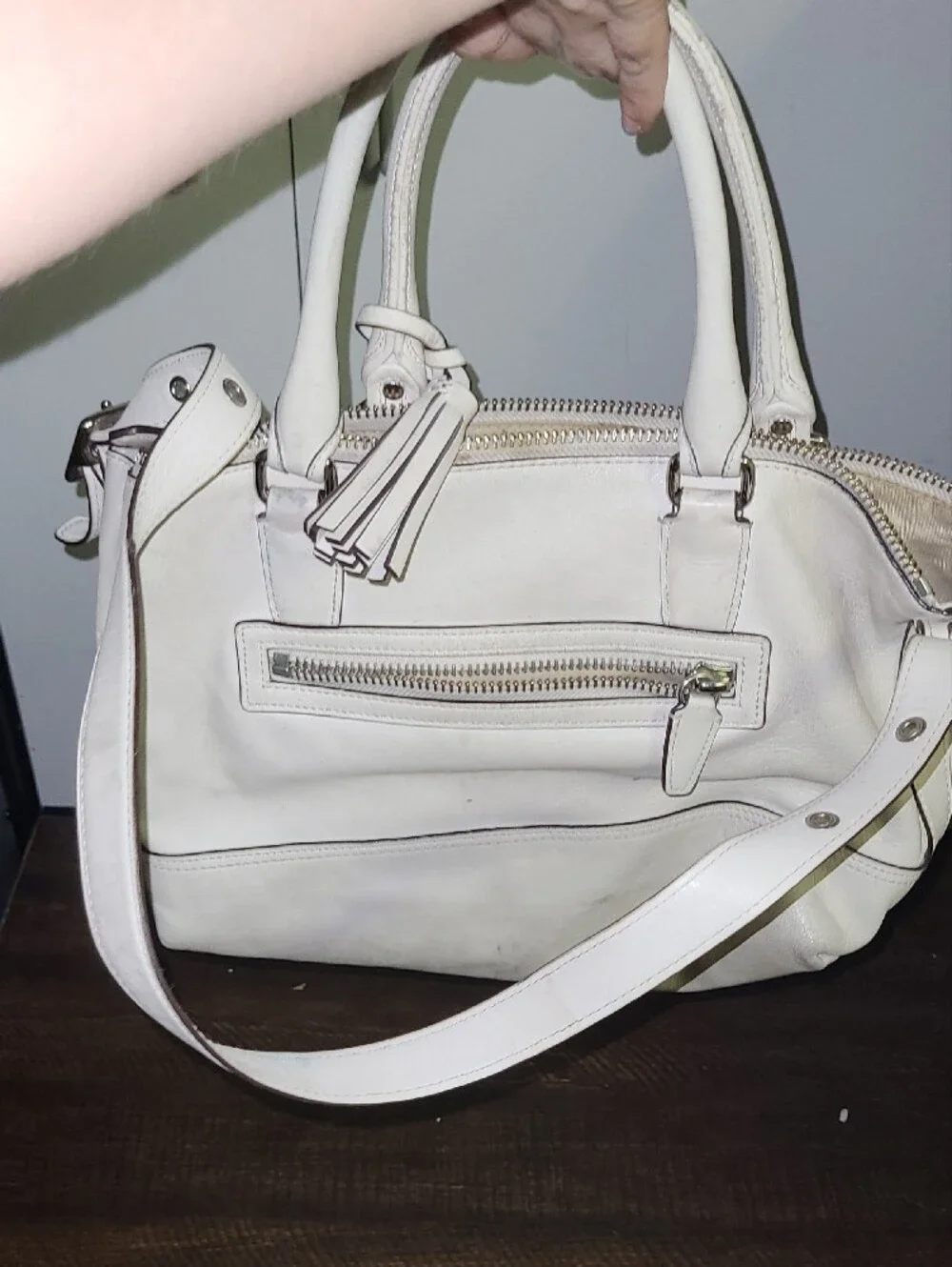 Coach Hamptons  Cream Leather Tote Bag with Tassel Accent